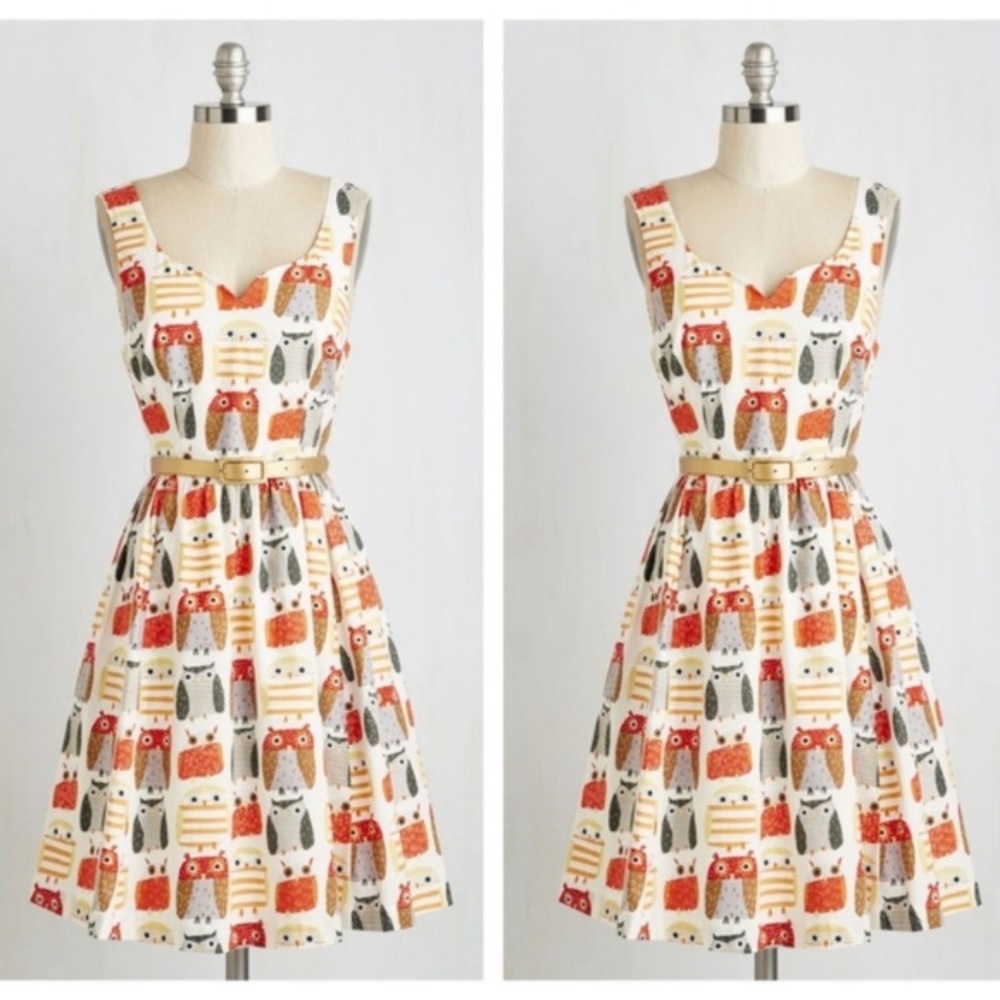 ModCloth Cream Dress with Red, Orange, and Gray Owl Print